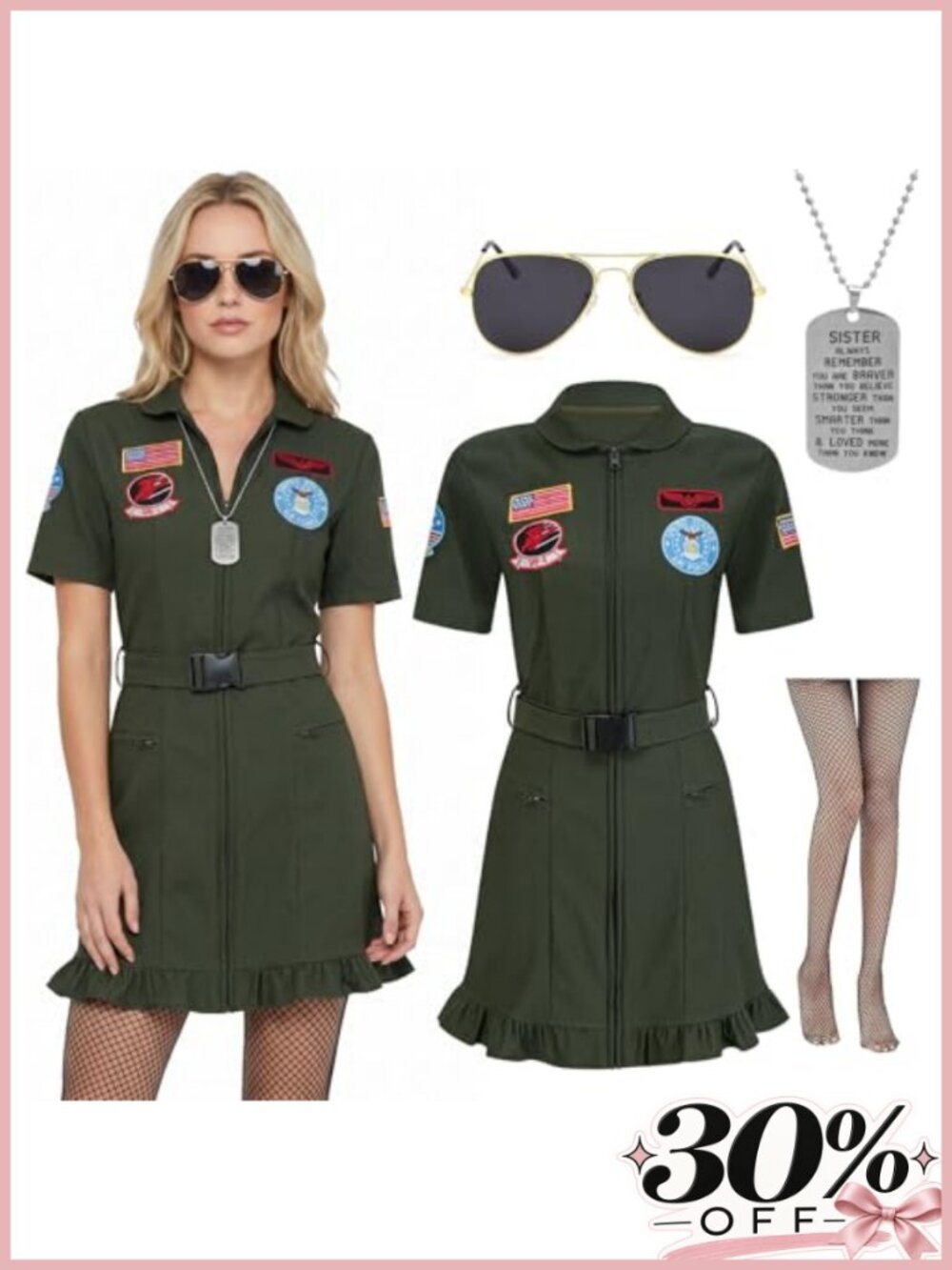 Women's Pilot Flight Jumpsuit Costume Kit with Dog Tag Necklace, Aviator